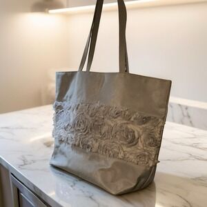 Silver Purple Satin Rosette Tote Bag Textured Floral Shoulder Bag Evening Travel